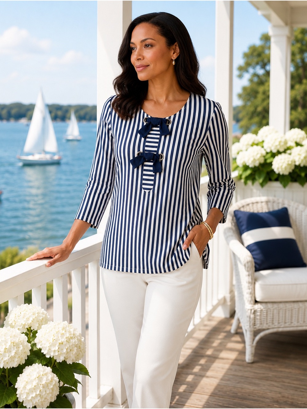St. John Navy Striped Tunic Top with Bow Detail – Size Small